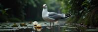photograph, hyper detailed, medium shot of a Fitted Frustrated Audouin s Gull , Foliage background