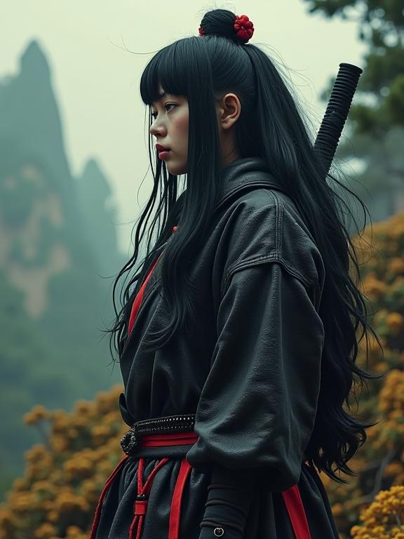 stylized by Joseph Cornell and Vladimir Volegov and Winslow Homer , photograph, concept art, long shot of a Majestic Oversized morbidly obese Japanese Female Ninja