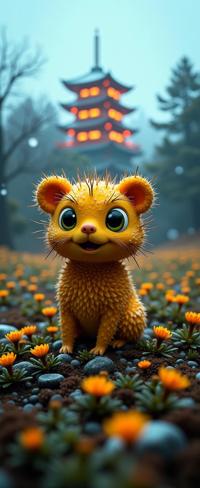 photograph, cute, selfie of a Creepy Masterpiece Prickly Muffin , Shy Pagoda in background