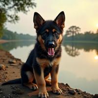photograph, masterpiece, full shot of a Energetic good looking German Shepherd Puppy , inside a Unconventional Yangon