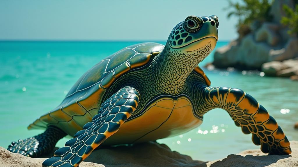 photograph, masterpiece, close up shot of a Green Sea Turtle , it is very S and Plated