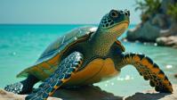 photograph, masterpiece, close up shot of a Green Sea Turtle , it is very S and Plated