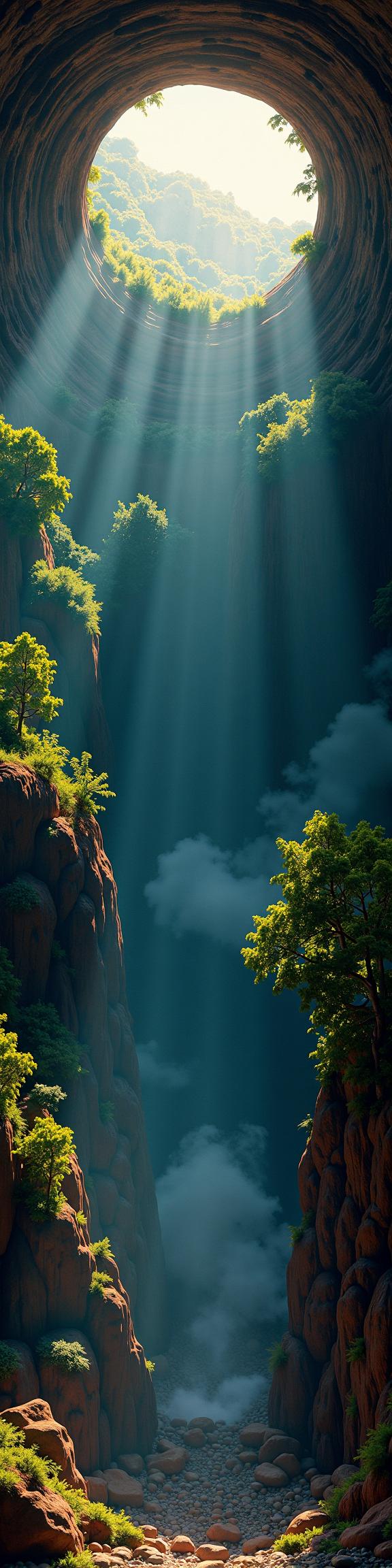 stylized by David Choe and Amadeo de Souza Cardoso and Gjon Mili , photograph, epic composition, landscape of a Bugcore Brilliant Sinkhole from inside of a Giant sequoia tree