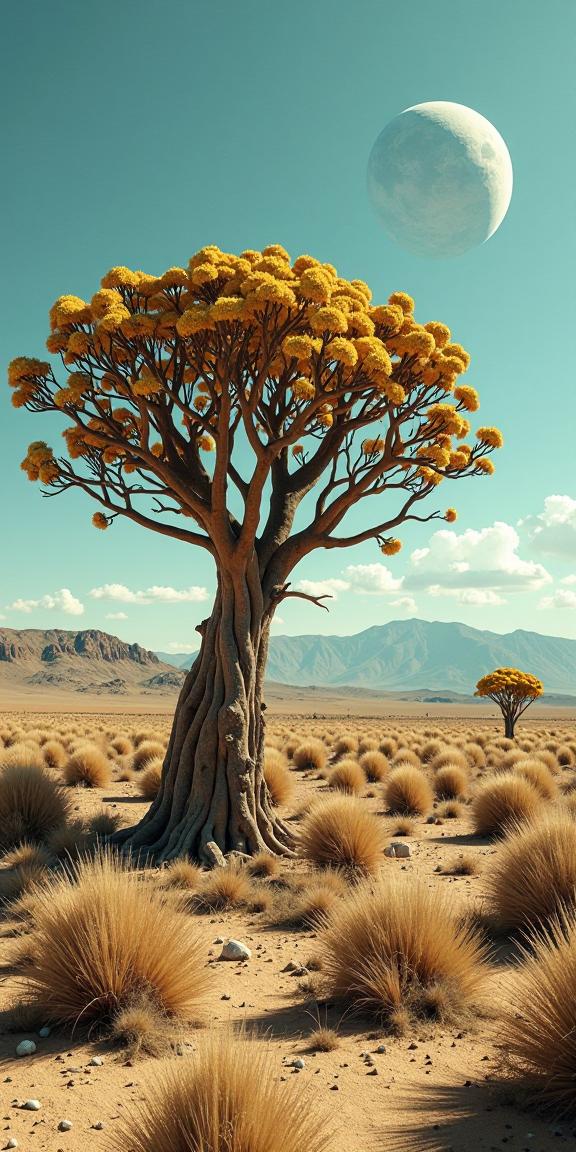 stylized by Mehmed Siyah Kalem and Stefan Gesell and Eduard Wiiralt and Dennis Stock , photograph, stylized, shot from behind of a Dilapidated Funny Southern Acacia