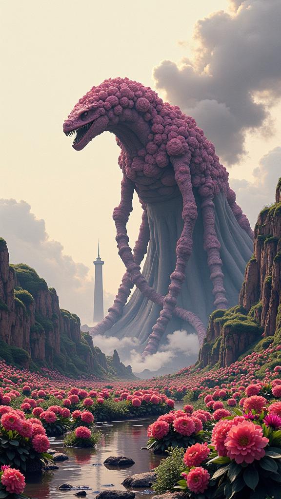 art by Marc Simonetti and Edward Oku and Titian , photograph, majestic, landscape of a Monstrous Decorated Pampas from inside of a Nohwet Village