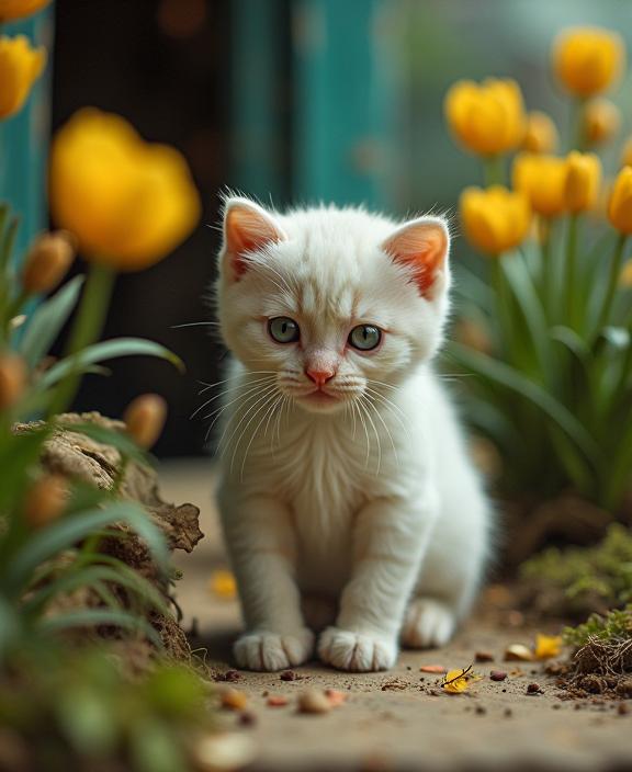 stylized by Steven Outram and Antanas Sutkus and Alex Andreev and Howard Arkley , photograph, Rule of Thirds, Landscape of a Elusive Feminine were Scottish Fold Kitten with Unusual parts