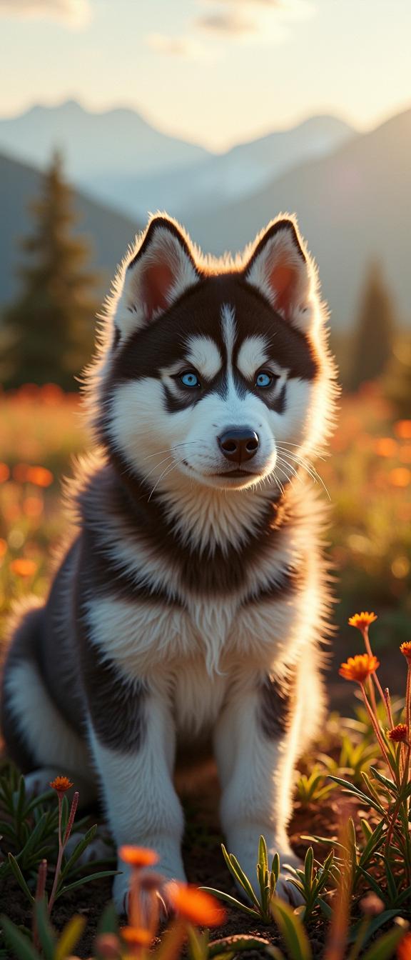 photograph, Hippie Art, elegant, Sharp focus of a Bimbocore Swirling Siberian Husky Puppy of Secrets