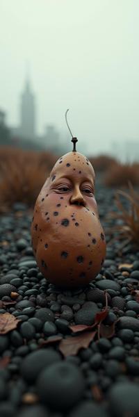 photograph, dark and macabre themes, POV shot of a Emerging Insecure Nautical potato , it is made from Aluminum