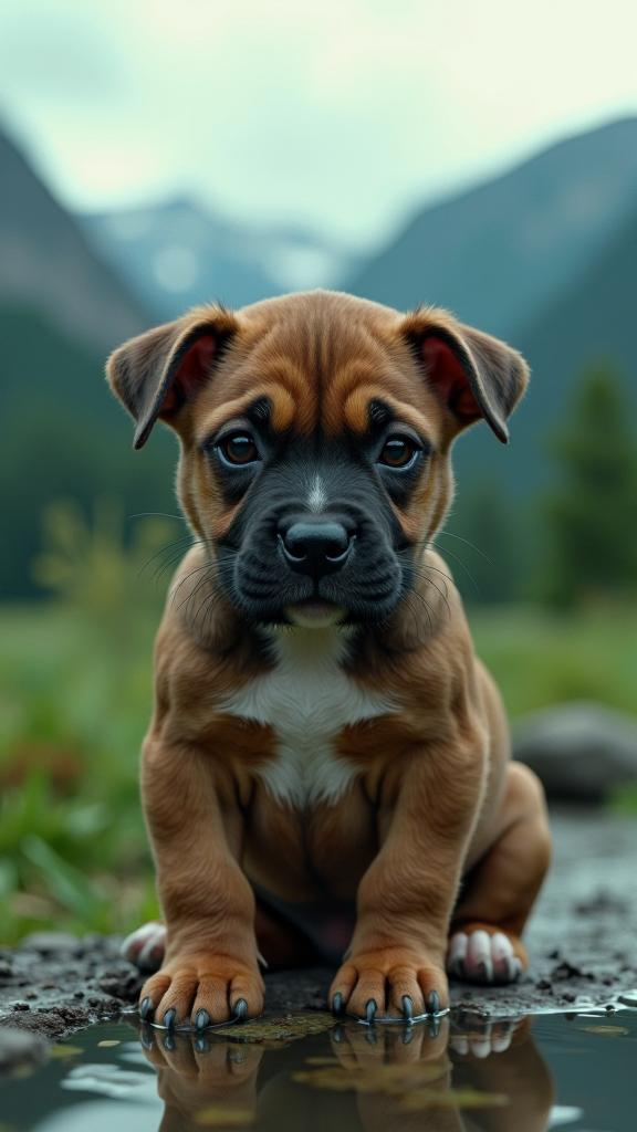 designed by Abdel Hadi Al Gazzar and Jacob van Ruisdael , photograph, fairy tale, medium close up shot of a Functional Basic Staffordshire Bull Terrier Puppy