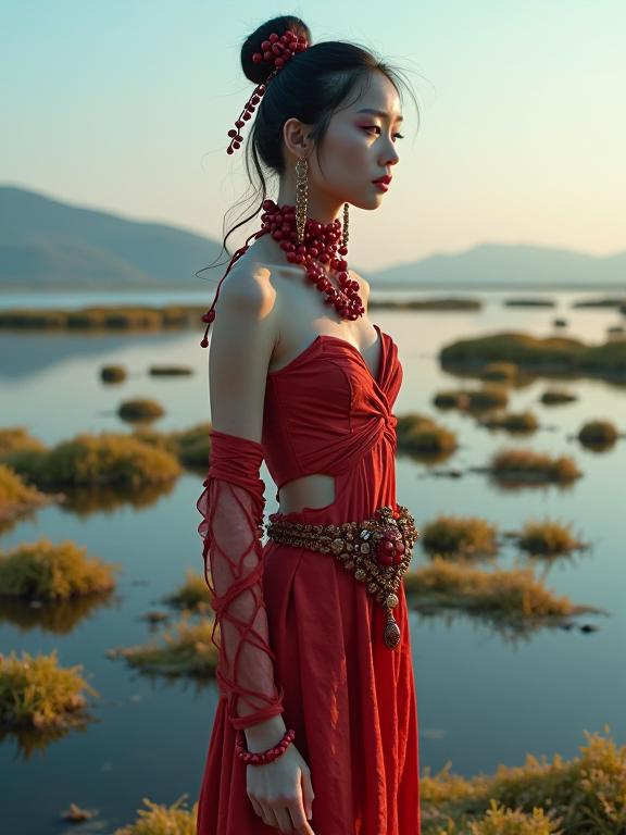photograph, desolate lake with Seaweed, intricate details, upper body shot of a Rustic Shimmering very tall
