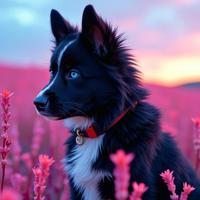 photograph, DayGlo pink grass and blossoms, luminous landscapes, rear angle of a stout Mayan Bernese Mountain Puppy
