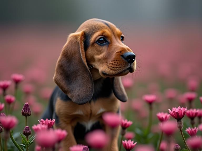 by Stephan Martini re and Brad Kunkle and William Stout , photograph, Depressing, soft focus of a Small Edgy Basset Hound Puppy