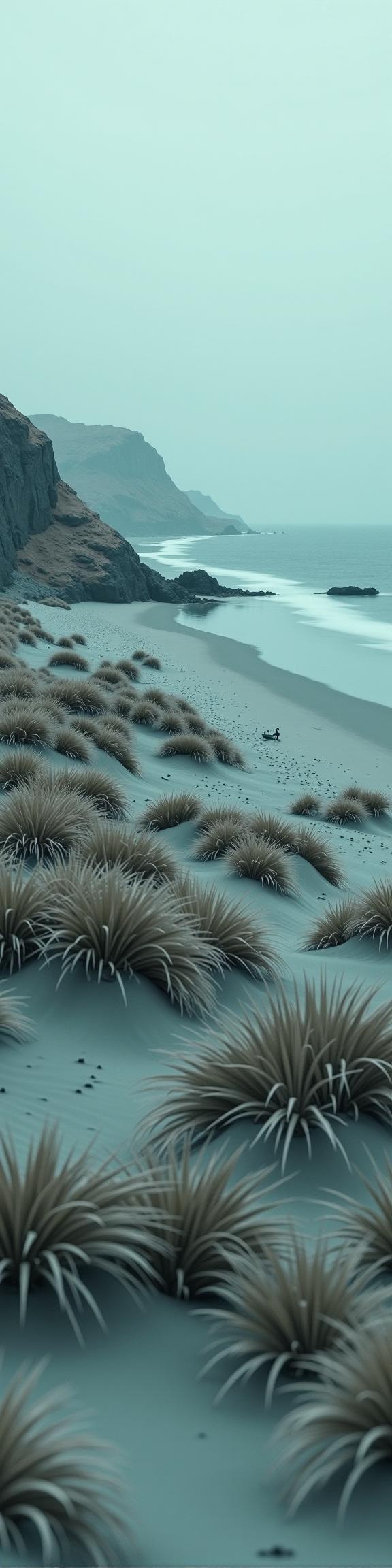 photograph, surreal, landscape of a Misshapen Witty Ghostly Coast in the distance there is The Alhambra, Elevated grass and beach