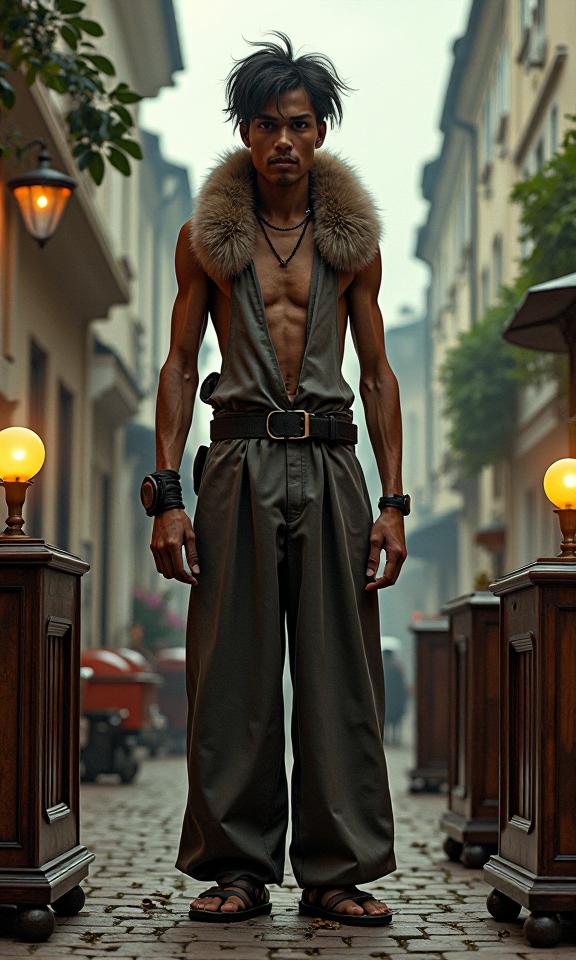 photograph, concept art, Full length frame of a Bronzepunk Awe Inspiring lanky Gamer Sanjay Trickster, he is surrounded by Nightstands