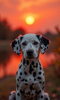 photograph, hyper detailed, Street level shot of a Refreshing Freelance Dalmatian Puppy , simple Red background