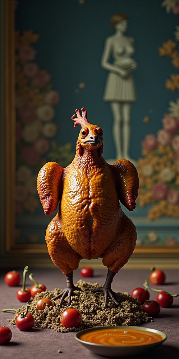 designed by Max Dupain and Gilbert Garcin and Steven Meisel , photograph, geometric patterns, extreme wide shot of a Australian Roast chicken
