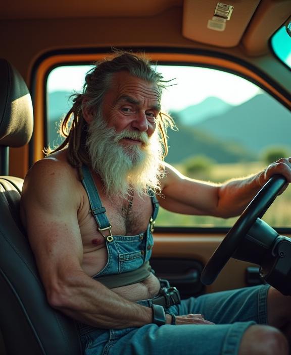 photograph, High exposure of a stout Scandinavian Grandpa of Hate Warlord, he is very Flaming and Horrid, he is driving a Camper