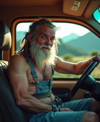 photograph, High exposure of a stout Scandinavian Grandpa of Hate Warlord, he is very Flaming and Horrid, he is driving a Camper