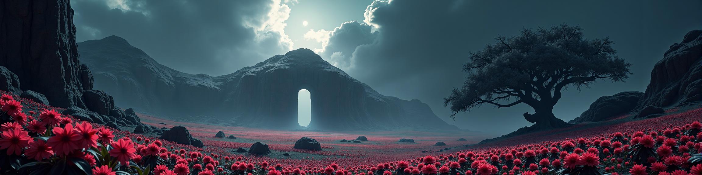art by David Goldblatt , photograph, majestic, landscape of a Hardy Thought Provoking The Black Gate of Mordor from inside of a Lunar colony