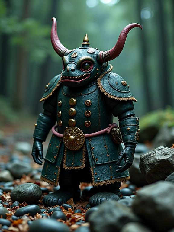 photograph, dark green theme , Portrait of a Desperate Ugly traditional Japanese Armored vehicle of Demons , it is anthropomorphic reimagined as a New Girl series character
