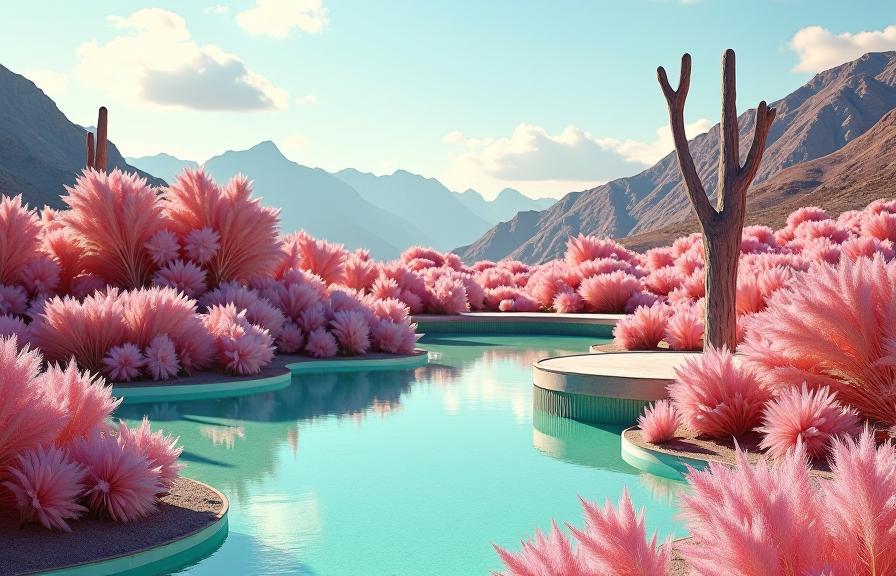 photograph, insane details, landscape of a Mean Luminous Salt Desert Scrub from inside of a Botanical Garden, from inside of a Parched Swimming pool