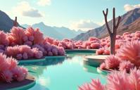 photograph, insane details, landscape of a Mean Luminous Salt Desert Scrub from inside of a Botanical Garden, from inside of a Parched Swimming pool