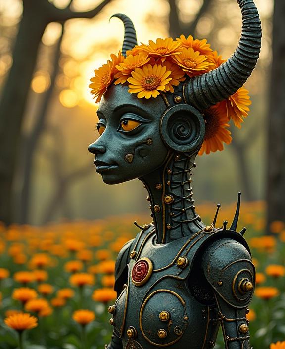 photograph, Horned trees and Pisces constellation in background, hyper detailed, view of a Medieval Marigold