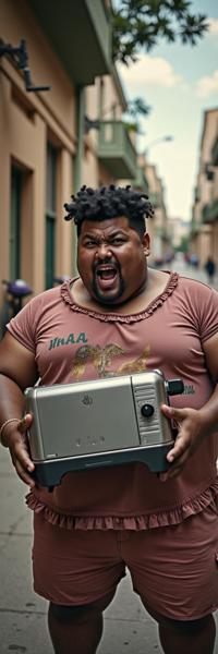 photograph, behance, POV shot of a Asymmetrical Skilled morbidly obese Mexican Guy , he is holding a Toaster oven