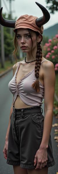 photograph, stunning, modelshoot style shot of a dressed in a very Horned Neutral traditional Mennonite Waxed cotton High waisted shorts, Tapered Simple pear shaped figure traditional Neo Tokyo Leslie Poole