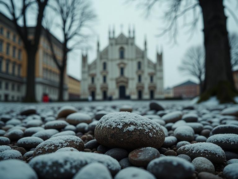 photograph, intricate details, two shot angle of a Insensitive Loathsome Executive Retreat , Ceramic Duomo di Milano in background