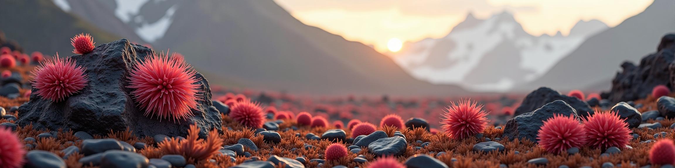 photograph, highly detailed, landscape of a Raspberry, Coral and Peach The Nucleus from inside of a Denali National Park