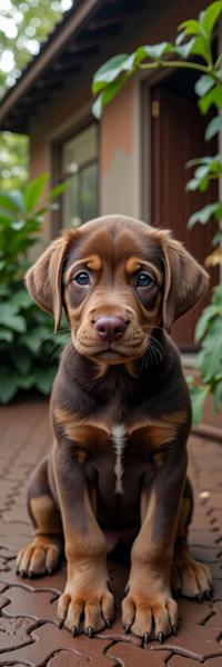 designed by Janet Delaney and Sacha Goldberger and Ruth Orkin , photograph, Amusing, selfie shot angle of a Resonant Striped Burgundy and Blush Labrador Retriever Puppy with Rust designs