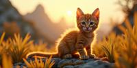 photograph, lush cityscape and Extragalactic planet in background, masterpiece, shoulder level shot of a Mingei Flimsy Mustard Yellow and Charcoal Norwegian Forest Kitten of Luna