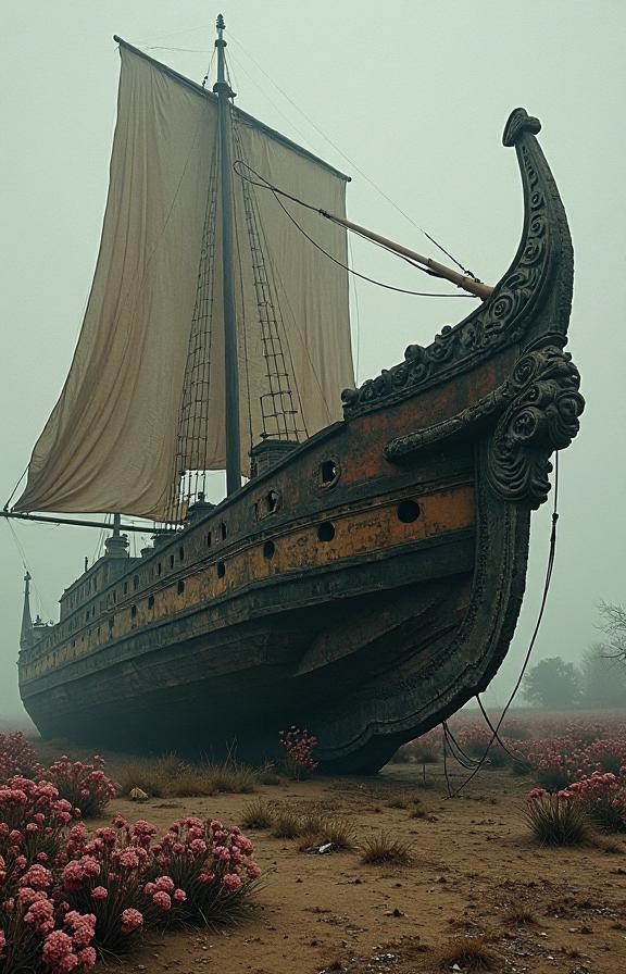 designed by Zhang Jingna and Gy rgy Kepes and Ingrid Endel , photograph, highly detailed, shot from side of a Ruffled Ruined Berber Ship
