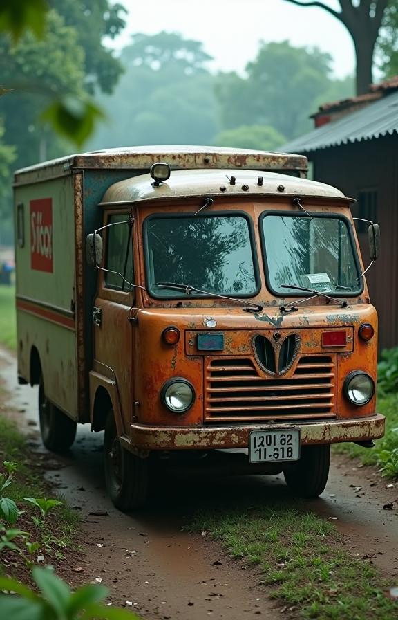 photograph, fairy tale, Long exposure of a Indonesian Postal delivery truck , it is very Tough and Eclectic