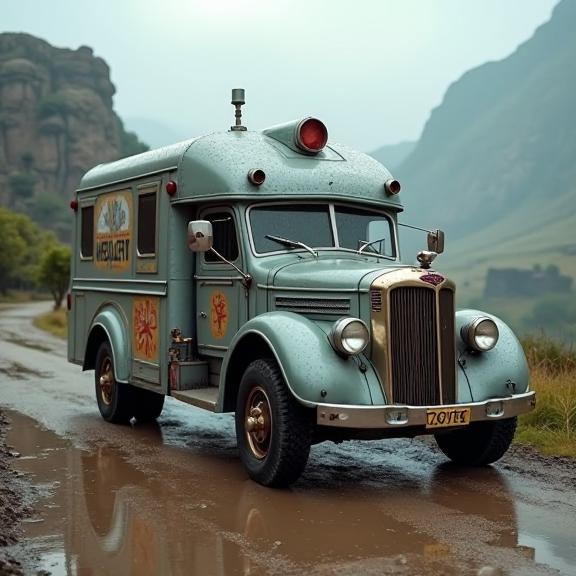 designed by Balcomb Greene and Mikko Lagerstedt and Maia Flore , photograph, hyper detailed, selfie shot angle of a Mecha Glamorous Western Ambulance