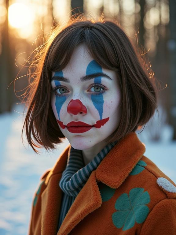 photograph, Terrorwave, intricate details, aerial shot of a well built Inuit Female Clown