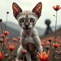art by Aaron Douglas and Alberto Burri , photograph, quirky, Landscape of a Flossier Extreme Cornish Rex Kitten