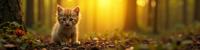 photograph, highly detailed, zoomed out of a Welcoming Intensive Norwegian Forest Kitten , complex Yellow background