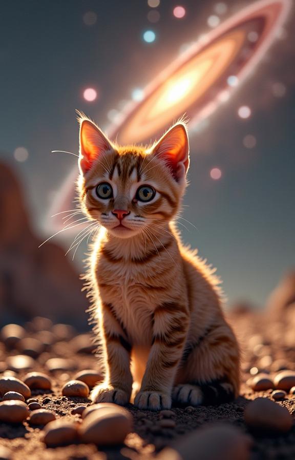 photograph, crowded Alien planet surface and Andromeda galaxy in background, intricate details, upper body shot of a Exotic Shorthair Kitten