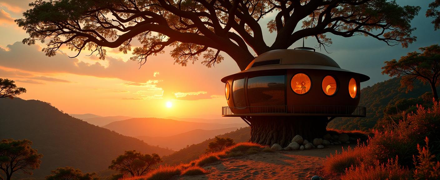 stylized by Johan Messely and Werner Herzog and George Lucas , photograph, sunbeam, low angle shot of a S Shiny Malian Treehouse