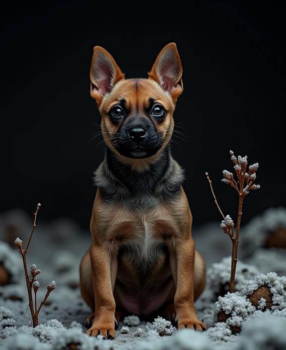 art by Takashi Miike and Allie Brosh and Yigal Ozeri , photograph, Kintsugi, upper body shot of a Supernaturalist Bold Puppy Dog