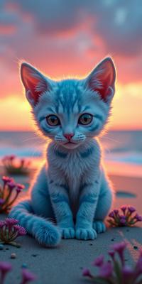 by Marc Simonetti and Robert Rauschenberg and Grant Wood , photograph, hyper detailed, body shot of a pokemon style Russian Blue Kitten