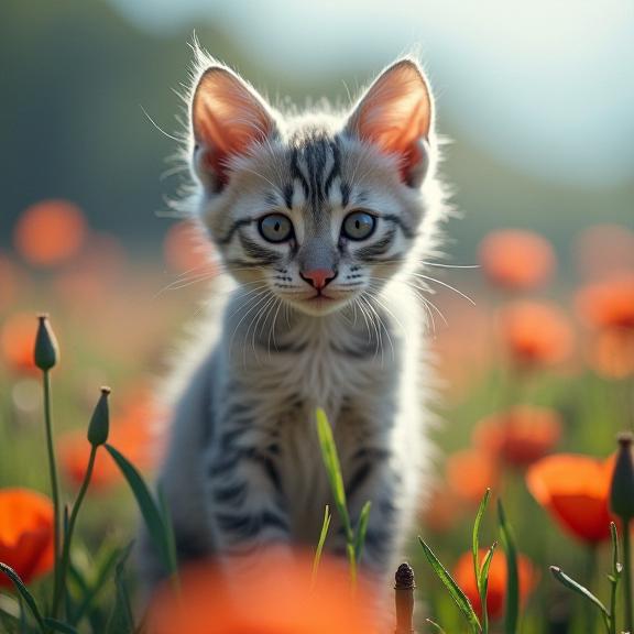 photograph, Dreamcore, Film grain, view of a Post Punk Elevating Silver and Lavender Abyssinian Kitten