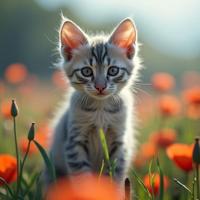 photograph, Dreamcore, Film grain, view of a Post Punk Elevating Silver and Lavender Abyssinian Kitten