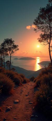 photograph, surrealist, landscape of a Rajgir in the distance there is a Coral Atoll, it is very Warm and Virtual