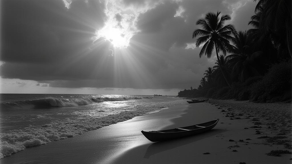 art by Dorothea Lange and Tom Whalen and Gustave Van de Woestijne , photograph, Charcoal beach and Zodiacal light in background, fairy tale