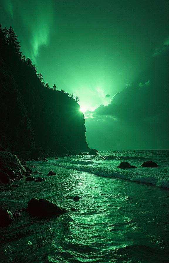 art by Philipp Otto Runge and Masaccio and Larry Poons and Dan Witz , photograph, beautiful, long shot of a Angular Ludicrous Emerald Green and Silver The Song of Warmth
