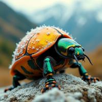 art by Alex Timmermans and Bikash Bhattacharjee and Matt Molloy , photograph, highly detailed, shot from side of a Affectionate Tremendous Golden Tortoise Beetle