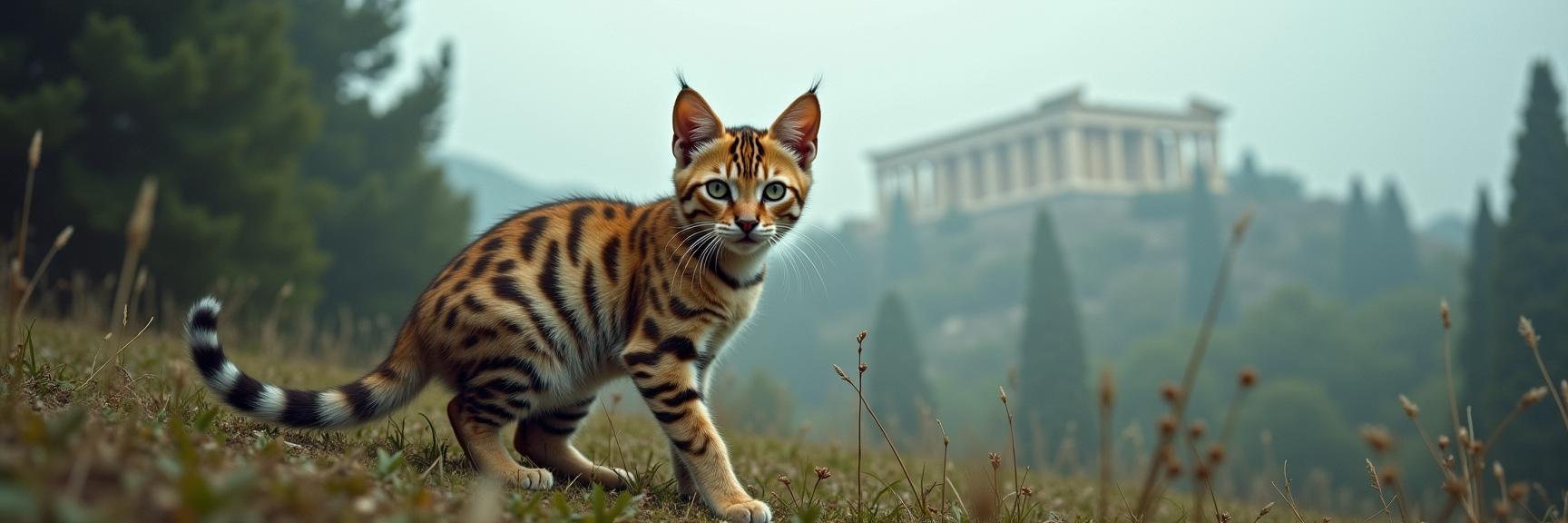 photograph, fairy tale, hip level shot of a Abrasive Oversized tiger print Ragdoll Kitten of Manic , Sexy Athens in background